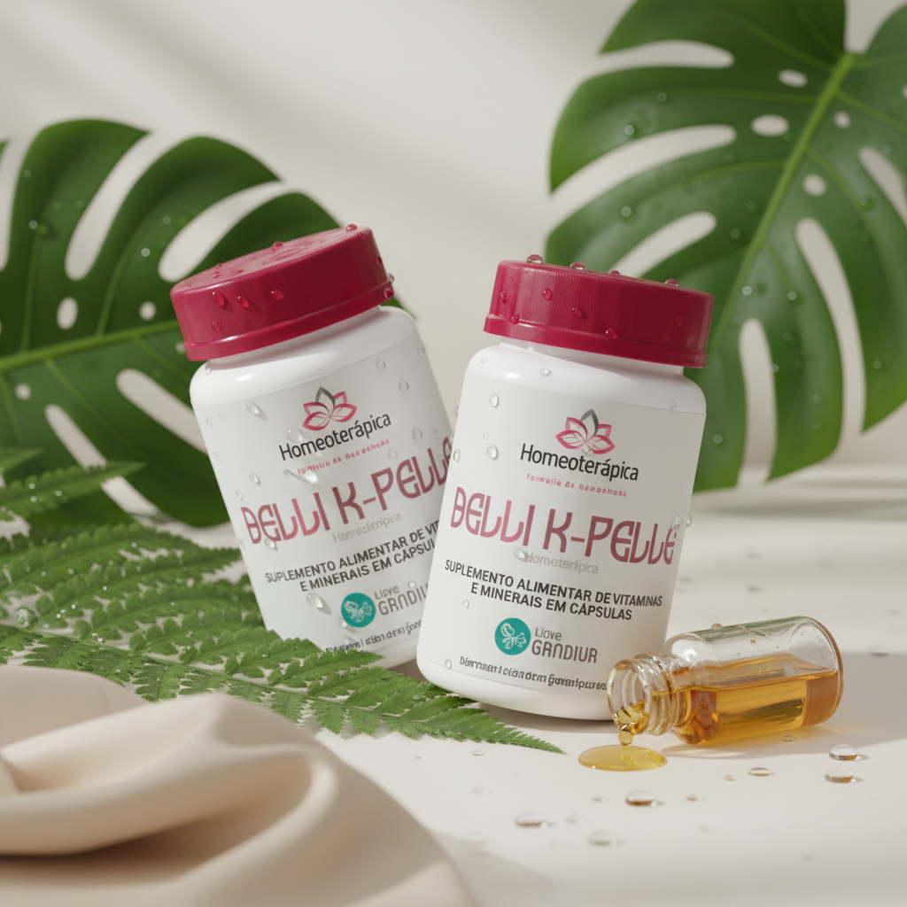 Frascos de Belli K-Pelle com folhas naturais ao fundo